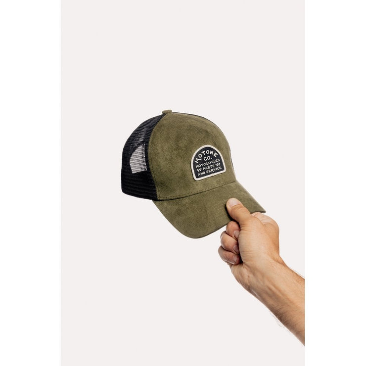 MOTONE SUEDEHEAD TRUCKER CAP - CURVED PEAK - OLIVE GREEN