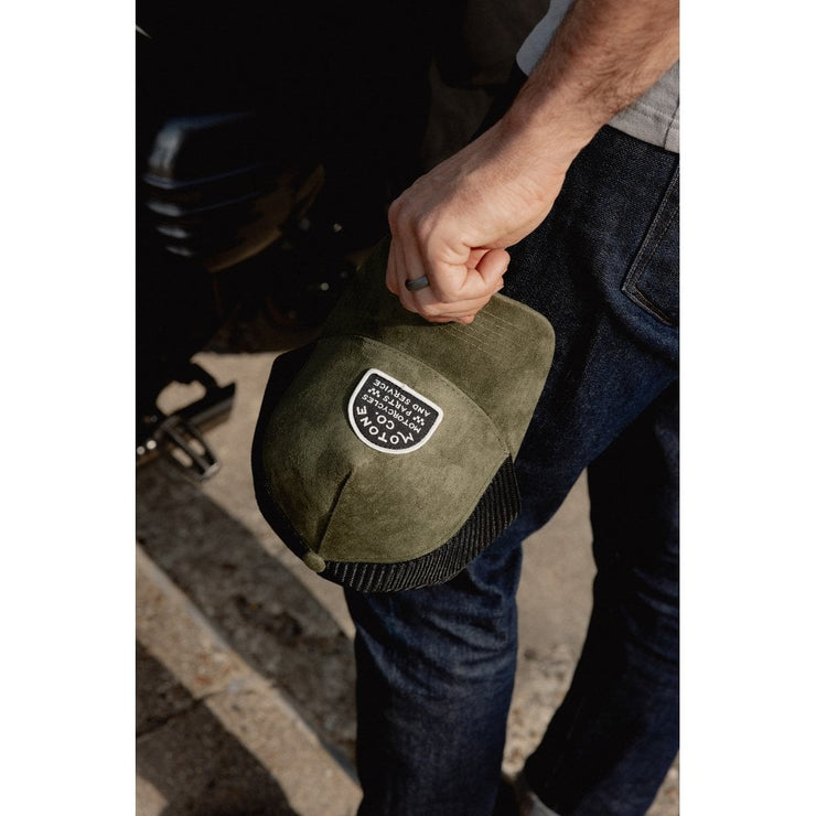 MOTONE SUEDEHEAD TRUCKER CAP - CURVED PEAK - OLIVE GREEN