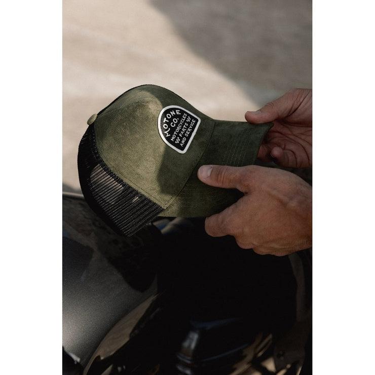 MOTONE SUEDEHEAD TRUCKER CAP - CURVED PEAK - OLIVE GREEN