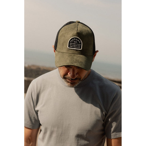 MOTONE SUEDEHEAD TRUCKER CAP - CURVED PEAK - OLIVE GREEN