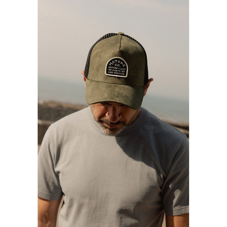 MOTONE SUEDEHEAD TRUCKER CAP - CURVED PEAK - OLIVE GREEN