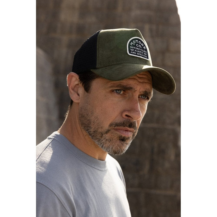 MOTONE SUEDEHEAD TRUCKER CAP - CURVED PEAK - OLIVE GREEN