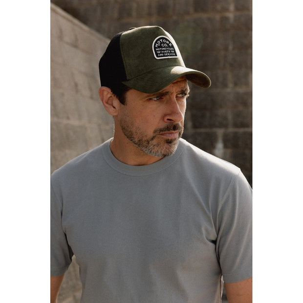 MOTONE SUEDEHEAD TRUCKER CAP - CURVED PEAK - OLIVE GREEN