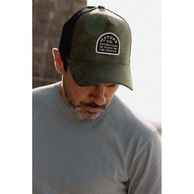 MOTONE SUEDEHEAD TRUCKER CAP - CURVED PEAK - OLIVE GREEN
