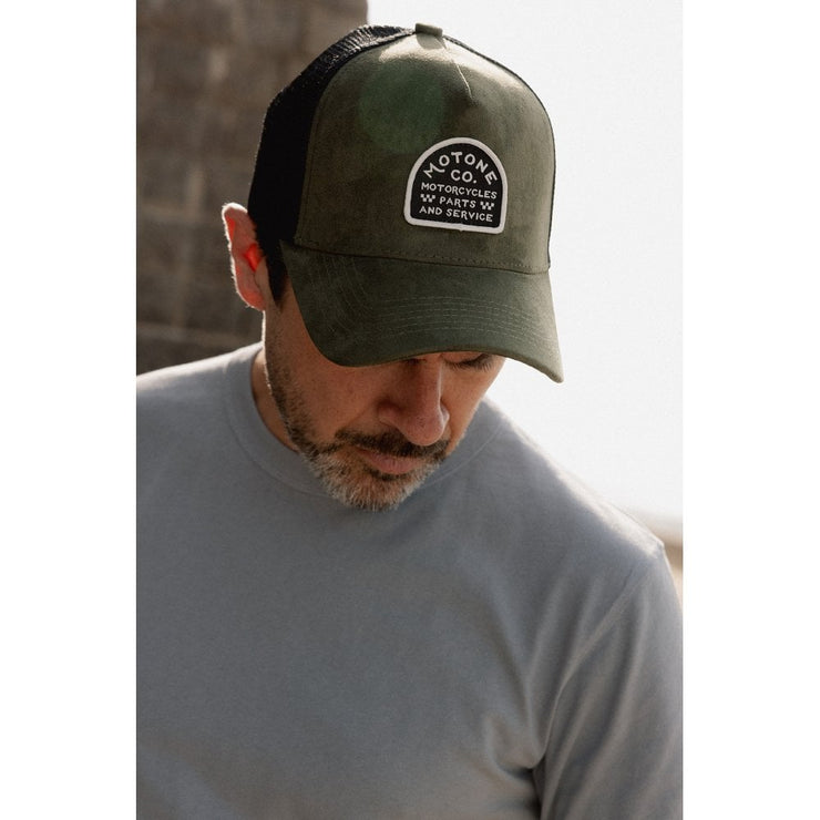 MOTONE SUEDEHEAD TRUCKER CAP - CURVED PEAK - OLIVE GREEN