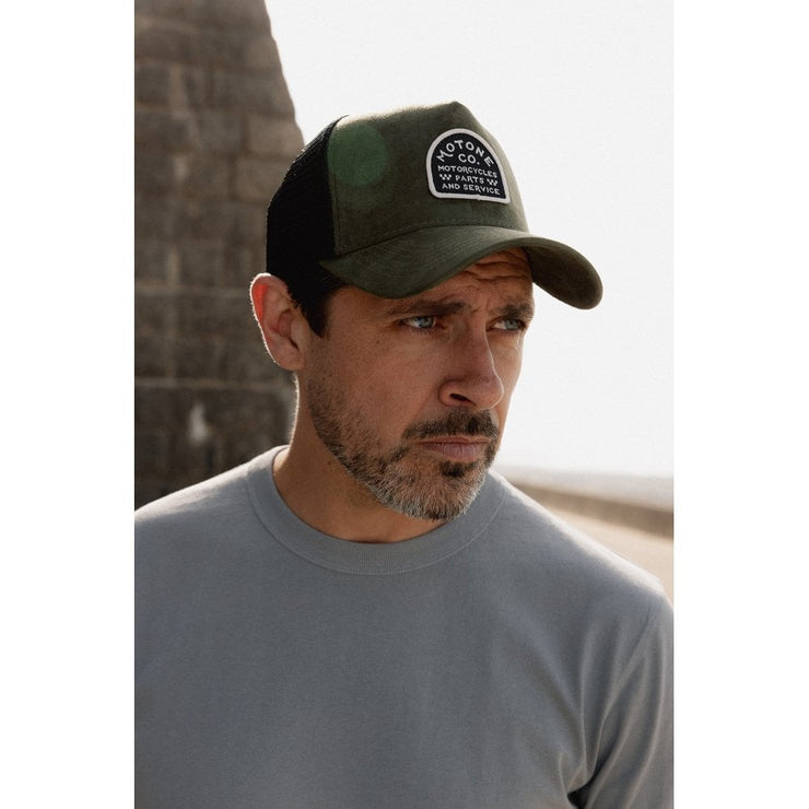 MOTONE SUEDEHEAD TRUCKER CAP - CURVED PEAK - OLIVE GREEN