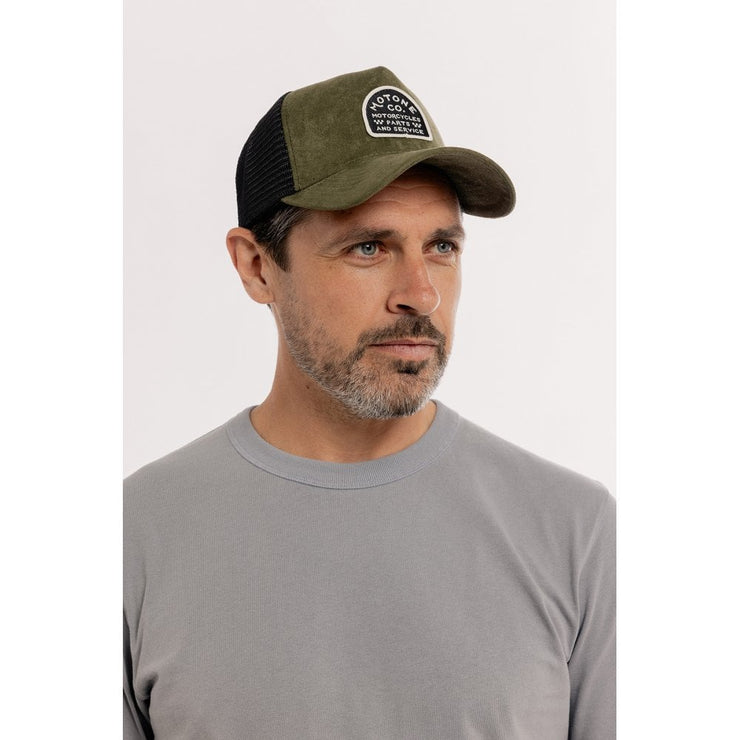 MOTONE SUEDEHEAD TRUCKER CAP - CURVED PEAK - OLIVE GREEN