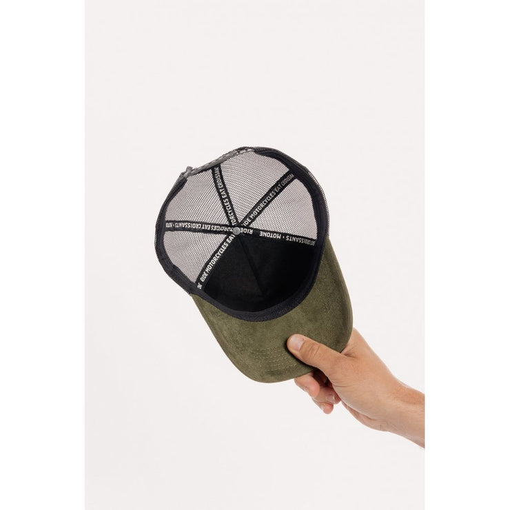 MOTONE SUEDEHEAD TRUCKER CAP - CURVED PEAK - OLIVE GREEN