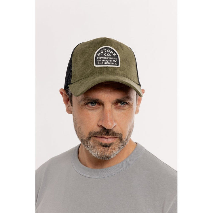 MOTONE SUEDEHEAD TRUCKER CAP - CURVED PEAK - OLIVE GREEN