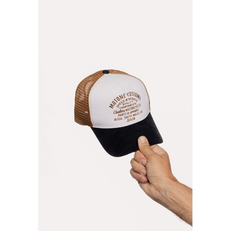 MOTONE WORDSALAD TRUCKER CAP - CURVED PEAK - COPPER SUEDE + BLACK & WHITE