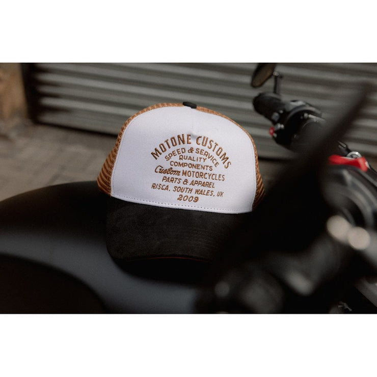 MOTONE WORDSALAD TRUCKER CAP - CURVED PEAK - COPPER SUEDE + BLACK & WHITE