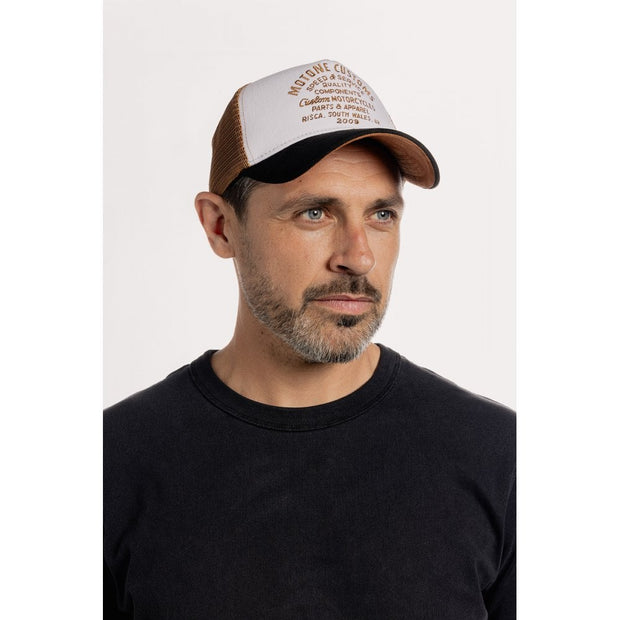 MOTONE WORDSALAD TRUCKER CAP - CURVED PEAK - COPPER SUEDE + BLACK & WHITE