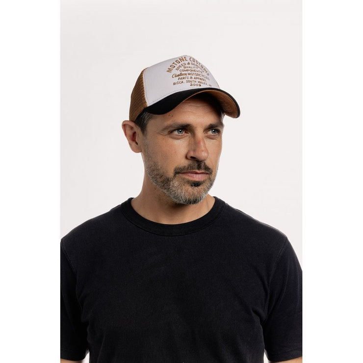 MOTONE WORDSALAD TRUCKER CAP - CURVED PEAK - COPPER SUEDE + BLACK & WHITE