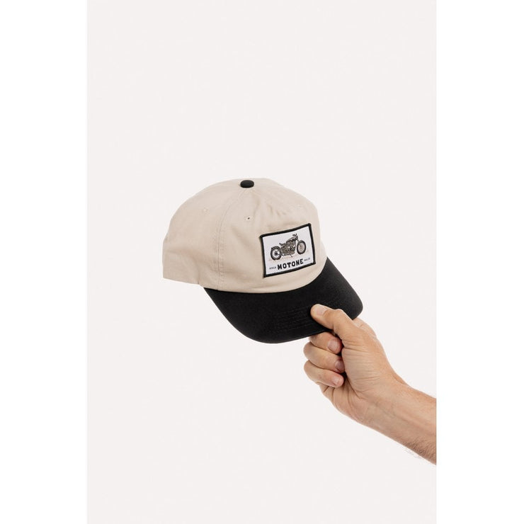 MOTONE YARDMASTER TRUCKER CAP - CURVED PEAK - ECRU & BLACK - BIKE PATCH