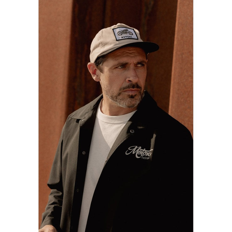 MOTONE YARDMASTER TRUCKER CAP - CURVED PEAK - ECRU & BLACK - BIKE PATCH