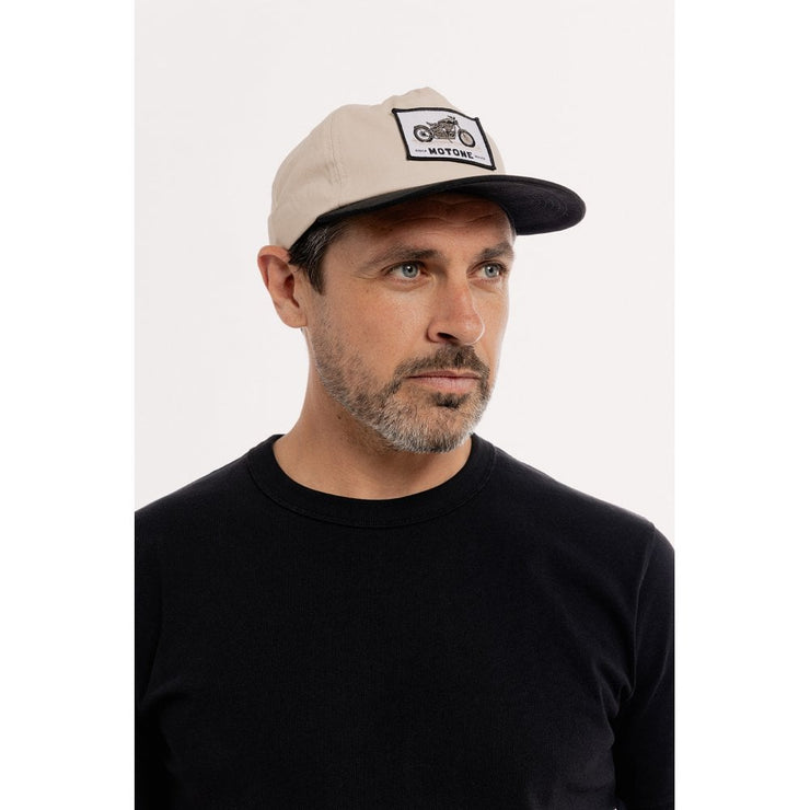 MOTONE YARDMASTER TRUCKER CAP - CURVED PEAK - ECRU & BLACK - BIKE PATCH