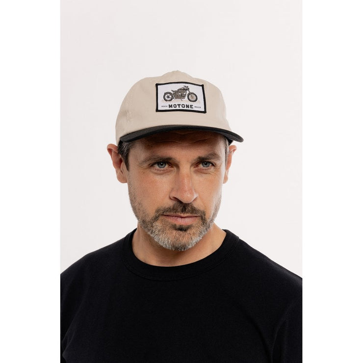 MOTONE YARDMASTER TRUCKER CAP - CURVED PEAK - ECRU & BLACK - BIKE PATCH