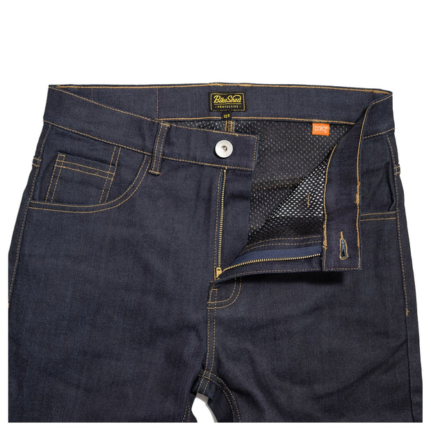 BIKE SHED PROTECTIVE ROAD JEANS - RAW INDIGO - SIZE 30R, 36R