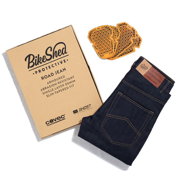 BIKE SHED PROTECTIVE ROAD JEANS - RAW INDIGO - SIZE 30R, 36R