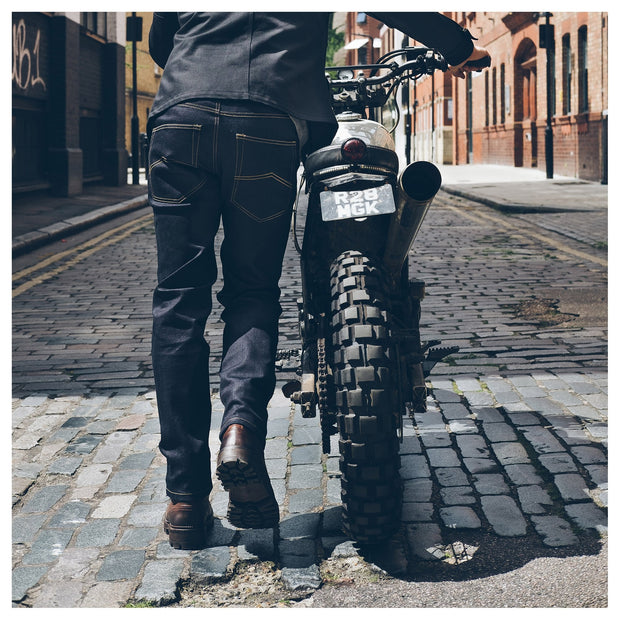 BIKE SHED PROTECTIVE ROAD JEANS - RAW INDIGO - SIZE 30R, 36R